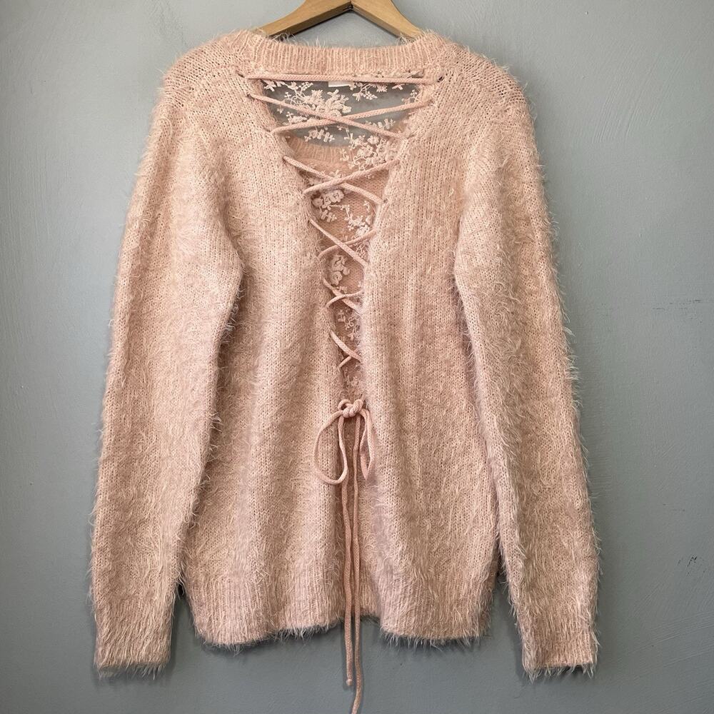 Molly Bracken Sweater Size M L Pink Fuzzy Coquette Sheer Lace Up Back Feminine